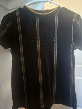 Cactus Black Tee with Gold Vertical Stripe Detail